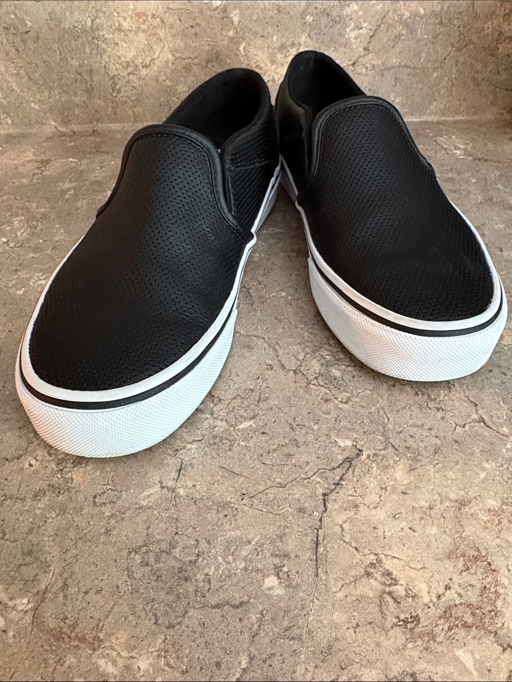 Vans Black Perforated Slip-On Sneakers with White Platform Sole